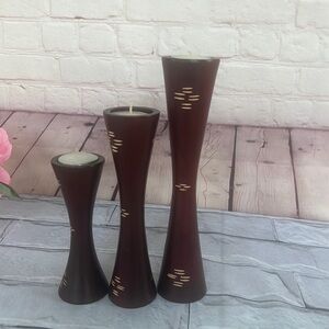 Mahogany Wooden vase carved taper candle trio elegant decorative home decor